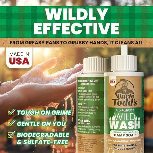 4oz, Uncle Todd's Wild Wash Biodegradable Soap, Camping Soap Ideal for Dishes, Body, Hands, and Clothes - Sage Scent