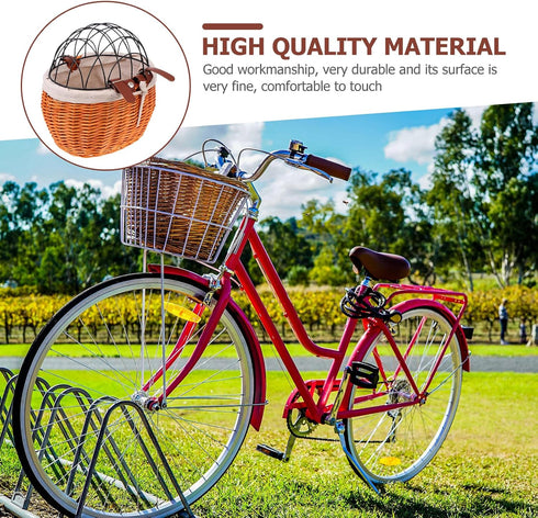 Healifty Rattan Woven Bike Basket for Pets Front Pannier Storage Basket Breathable Cat Dog Carrier Accessory