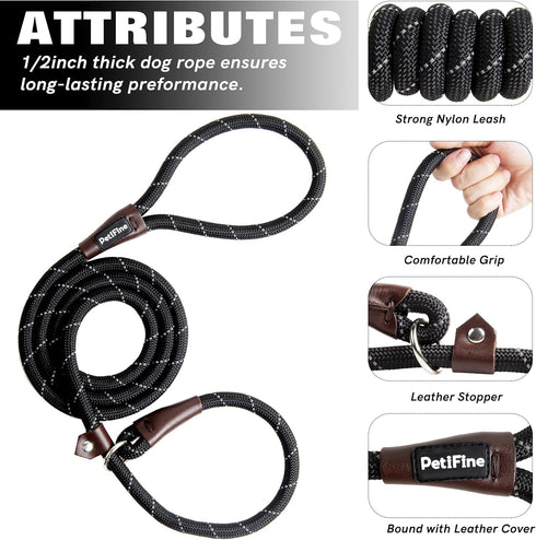 PetiFine Slip Lead Dog Leash - 6FT x 1/2" Reflective Durable Training Leash, Heavy Duty Adjustable Nylon for Small