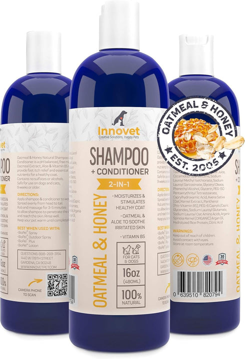Innovet Pet Products All Natural Oatmeal & Honey Shampoo + Conditioner for Dogs, Cats & Small Pets - 16 Oz, Made in USA