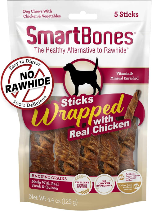 SmartBones Sticks Wrapped with Real Chicken, Steak and Quinoa, Rawhide-Free Chews for Dogs, 4.4 Ounces, 5 Chews Per Pack