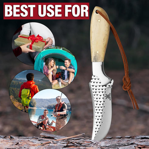 Handmade Cowboy Skinning Hunting Knife with Leather Sheath - Outdoor Camping Hiking Rasp Knife - Stainless Fixed Blade