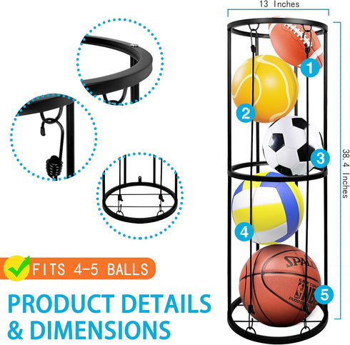Garage Ball Storage Rack, Wall-Mounted Basketball Holder, Vertical Sports Ball Storage Organizer for Soccer,