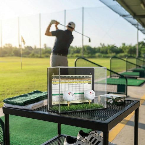 Golf Ball Display Case Stand with Turf Base, for balls from Hole-in-One or Best Score Games with backing to hold the