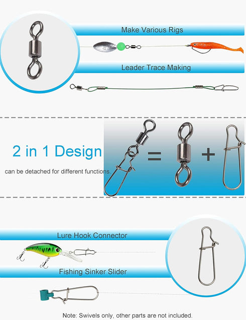 Fishing Swivels Snaps Set, Rolling Bearing Swivel with Duo Lock Snap Connector for Freshwater and Saltwater Fishing