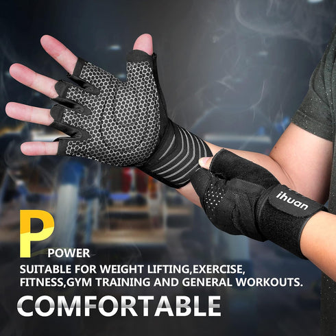 ihuan Ventilated Weight Lifting Gym Workout Gloves with Wrist Wrap Support for Men & Women, Full Palm Protection