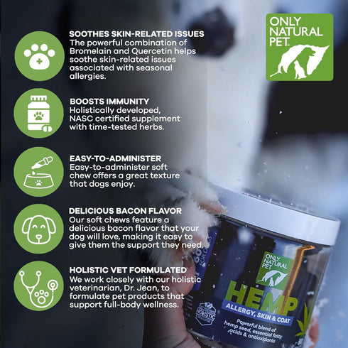 Only Natural Pet Allergy, Skin & Coat Hemp Soft Chews, Omega 3 Supplement for Dogs, Calming Treats for Itchy Skin