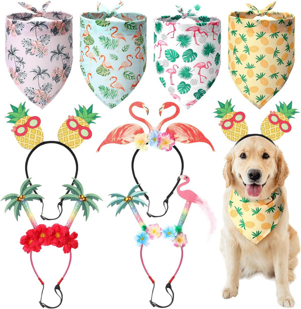 8 Pcs Hawaiian Dog Bandana Party Headbands Set | Cute Puppy Bibs for Small & Large Dogs, Tropical Party Accessories