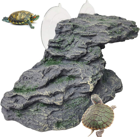 Turtle Basking Platform, Reptile Climbing Shale Resin Step Ledge Stone Aquarium Ornament with Suction Cups