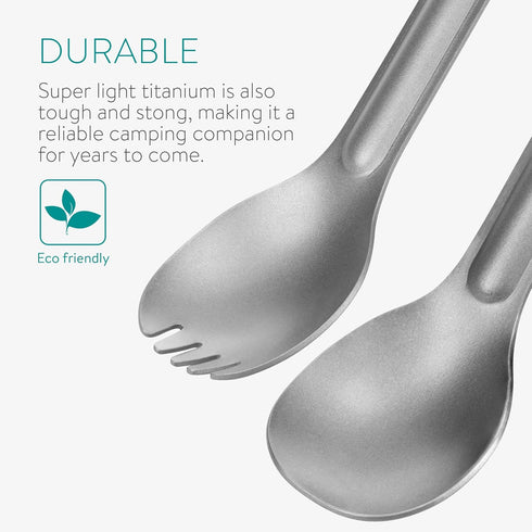 Navaris Long Handle Titanium Spork and Spoon - 8.4" Metal Cutlery Set for Backpacking and Camping, Strong Lightweight