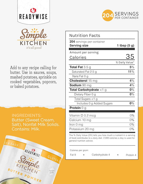 204 Backpacking #10 Package Simple Kitchen Freeze Dried Butter Powder - Servings for Family Meal Prep, Gluten Free