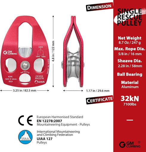 GM CLIMBING Large Rescue Pulley - 32kN Single Sheave with Swing Plate, CE UIAA Certified