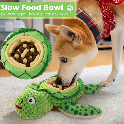 ZYBDP Interactive Dog Toy, Green Turtle Plush with Slow Feeder Bowl, Squeaky Chew Toy