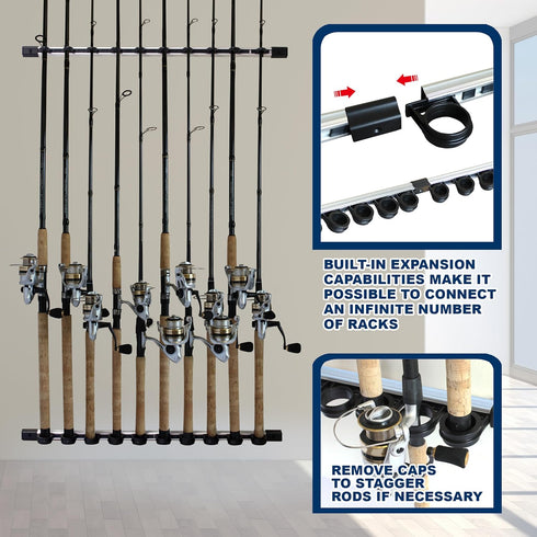 Rush Creek Creations Fishing Rod Holder for 10 Rods - Vertical/Horizontal Rack for Garage Organization