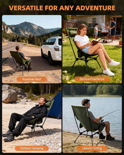 Trakiom High Back Portable Compact Camping Chair, Lightweight Green Folding Chair with Head Support & Widened Seat