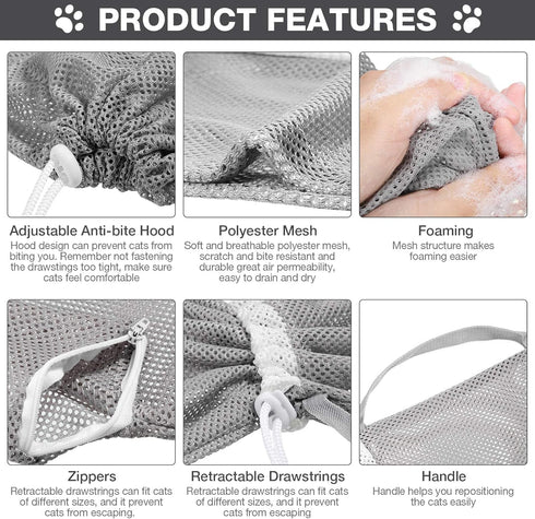 Cat Shower Net Bag, Adjustable Grooming Bathing Bag for Cats, Prevent Biting and Scratching (Grey)