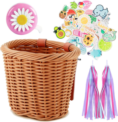 Kid's Bike Basket for Girls Small Woven Wicker Cruiser Bicycle Accessories with Handlebar Streamers Bell for Ages 3-13