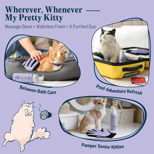 Pretty Kitty Waterless Cat Dry Shampoo with Grooming Glove No Rinse, Lick-Safe, Moisturizing for Dry Skin, Dandruff