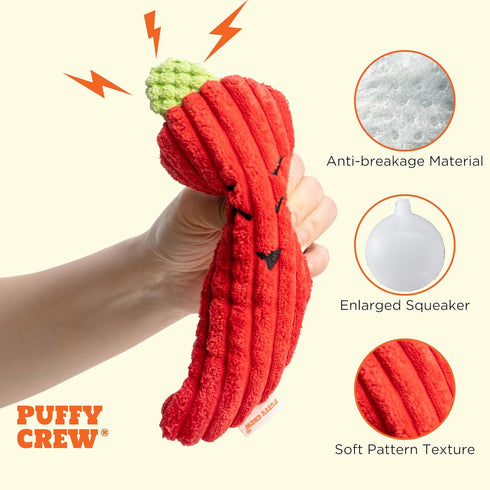 Squeaky Dog Plush Toy, Bite_Stick Collection, 8'', for Small and Medium Dogs, Red Chili