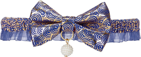 Blueberry Pet Gold Print Lucky Clouds Cat Collar - Breakaway Lace Choker in Blue with Bow Tie