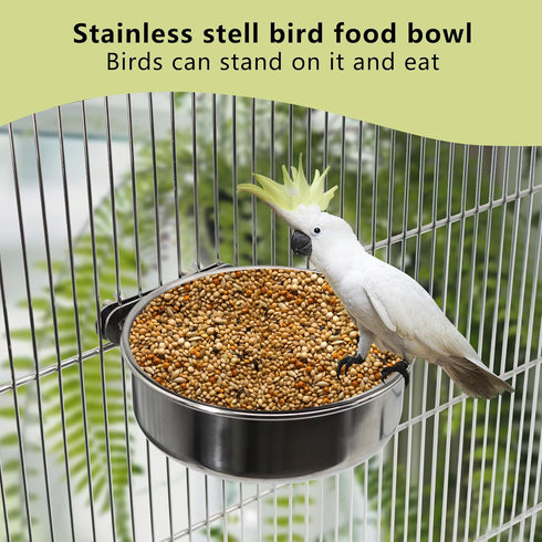 Large Bird Feeding Dish Cups, Stainless Steel Parrot Food Bowl with Clamp Holder for Cockatiel, Macaw, Small Pets