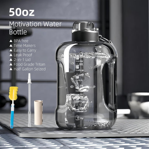 HOORMED 50oz 84oz 2-in-1 (50oz, & Motivational Water Bottle - Time-Marked, Leak Proof & BPA free. Lid with Straw