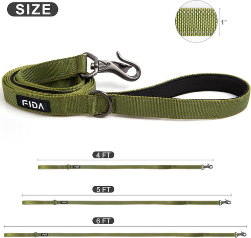 Fida 6 FT Heavy Duty Dog Leash, 2 Comfortable Padded Handles, Reflective Walking Lead, Green