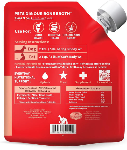 Primalvore Grass-Fed Beef Bone Broth for Dogs & Cats, Mobility Formula, 6 Pack, Made in USA