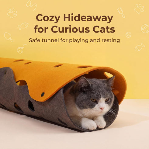 ZEZE Cheese Cat Tunnel for Indoor Cats, Felt Peek Hole Hide Tunnel Toy with Snap Buttons, Foldable Interactive Cat Play