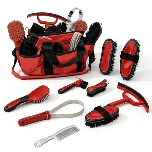 Amouu SteadyRide Pro - 9-Piece Professional Horse Grooming Kit - Stable-Ready Hanging Bag