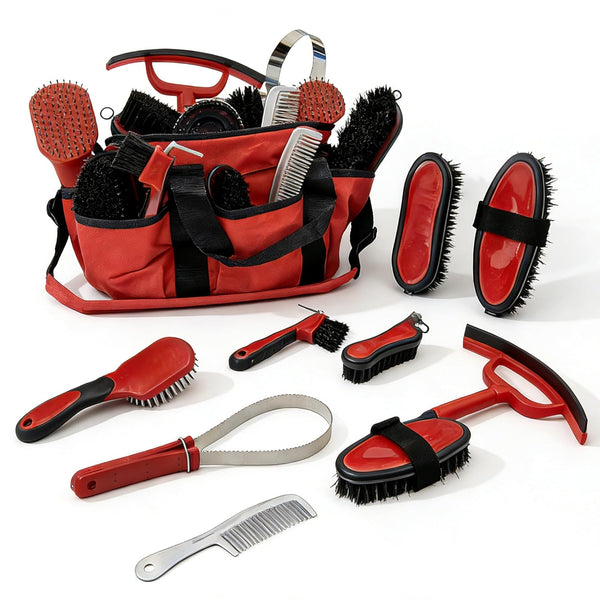 Amouu SteadyRide Pro - 9-Piece Professional Horse Grooming Kit - Stable-Ready Hanging Bag