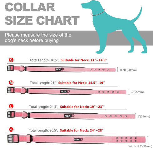 Fida Heavy Duty Dog Collar, 1.5” Width, Ultra Soft Neoprene Padded, Adjustable Reflective Nylon Collar with Two Metal