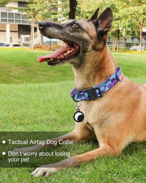Hotsky Tactical Dog Collar, Adjustable Military Nylon Airtag Collar with Handle and Heavy Duty Metal Buckle for Medium