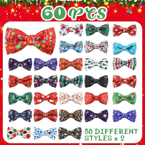 60 Pcs Christmas Dog Collar Bow Ties Bulk, Warm Snowman Detachable Bowties for Small Medium Large Dogs, Cat Grooming