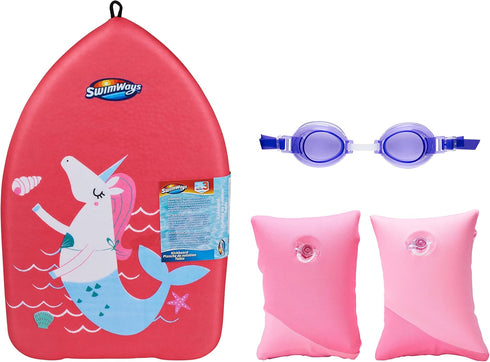 SwimWays Value Pack, Fish Face Guppy Goggles, Soft Swimmies, and Mermicorn Kick Trainer, Learn to Swim Kickboard