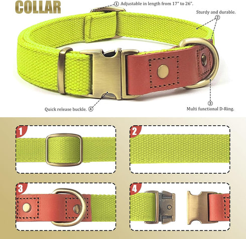 QRDA Dog Collar and Leash Set, Fluorescent Yellow Adjustable Durable Nylon for Small/Medium/Large Dogs