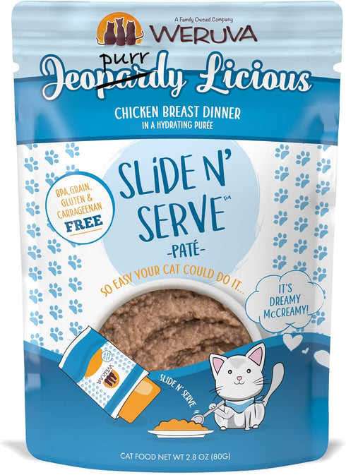 Weruva Slide N' Serve Paté Wet Cat Food, Jeopurrdy Licious Chicken Dinner, Pack of 12, 2.8oz Pouch