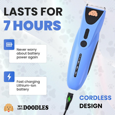 We Love Doodles Dog Clippers for Thick Coats - Powerful Cordless Trimmer with 8 Detachable Blades