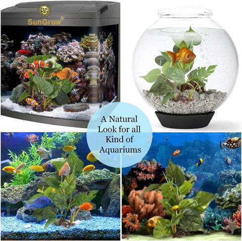 SunGrow Plastic Leaf Plant, Heavy-Duty Ceramic Base, Hiding Spot for Fish and Reptiles, 10 Inches