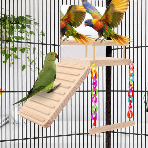Kyouki Parrotlets,Finch,Canaries Bird Perch Platform Bird Toys with Bird Mirror Climbing Ladder Swing, Parakeet Cage
