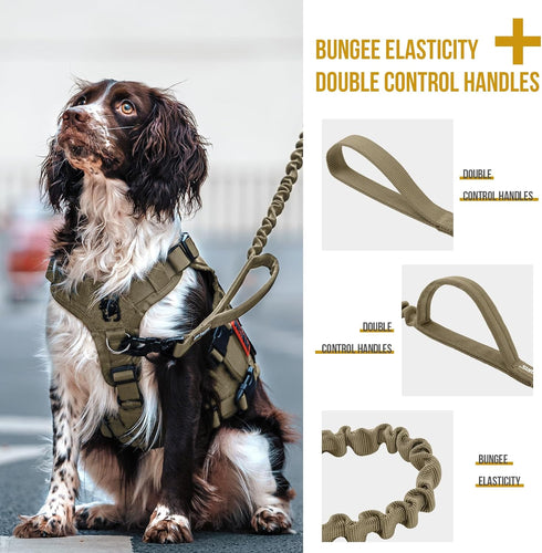 Bungee Dog Leash - Tactical Training Leash with 2 Control Handles, Quick Release Nylon Rope (Tan)
