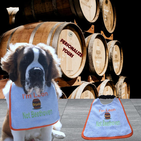 Unique Personalized Saint Bernard Bib with own Name and Brandy Barrel Embroidered Full Colour - Choose bib & Embroidery