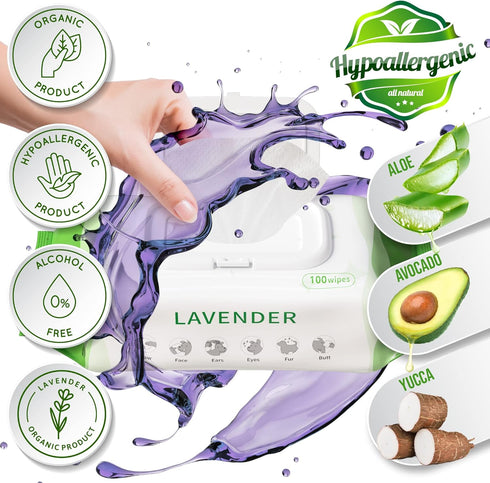 Dog Wipes for Paws and Butt Ears Eyes | Organic Pet Wipes for Dogs | Hypoallergenic Lavender Scented Dog Wipes Cleaning Deodorizing | Extra Thick Plant Based Wipes Dogs Cats Pets | 100 Count