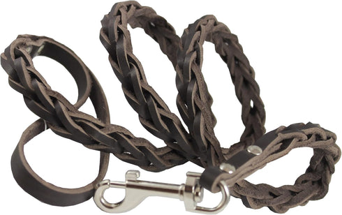 Brown Genuine Leather Braided Dog Leash, 45" Long 4-thong Square Braid for Medium Breeds