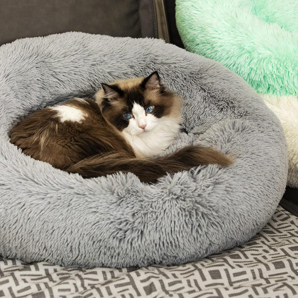 Anti Anxiety Round Fluffy Plush Faux Fur Dog Bed, Washable Bed for Small Medium Large Pets, Relieves Joints, 24", Light