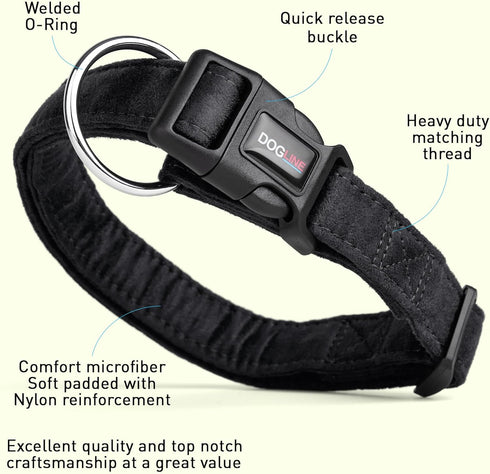 Dogline Comfort Microfiber Soft Padded Dog Collar, Large, 1-Inch Wide, Black, 15 to 25-Inch