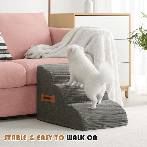 Romrol Dog Stairs Ramp for Beds and Couches, Extra Wide Pet Steps with Non-Slip Waterproof Fabric Cover, 3-Tiers