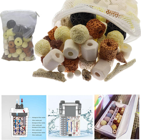 Aquarium Filter Media Bio Balls and Ceramic Rings, 12 in 1 Fish Tank Pond Filter, 500g Mesh Bag with Zipper (2 Packs)