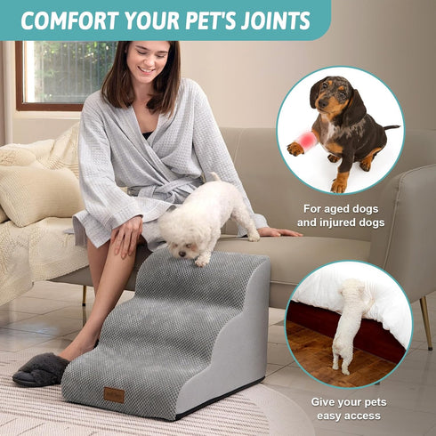 Dog Stairs for Couch or Low Bed, Small Dogs Ramp with Leakproof Fabric Cover, Non-Slip Foam Pet Steps, Grey, 3 Tiers