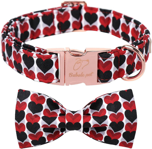 Valentine's Day Adjustable Dog Collar for Small Dogs with Bow Tie, Red&Black Love Heart Collar for Medium Large Dogs,